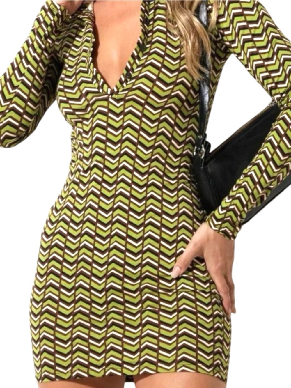 Javiera Chevron Green Retro Mini Dress Bodycon NWT